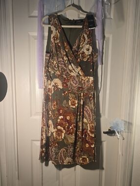 Lauren Ralph Lauren Olive Floral Faux-Wrap Dress with Brown & Cream Accents